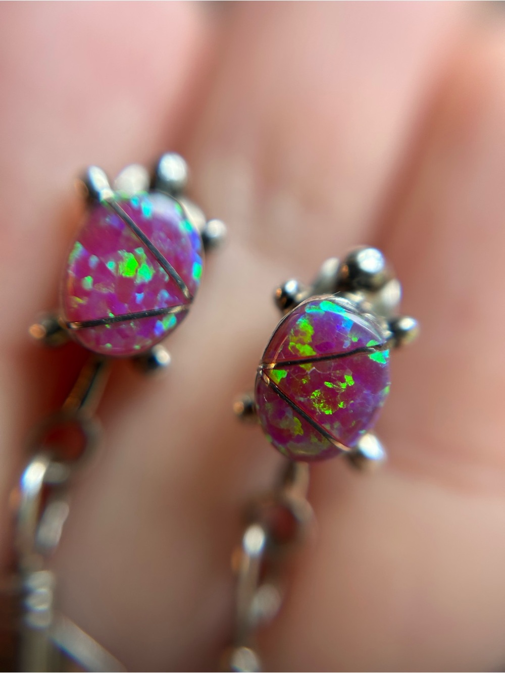Sterling silver opal inlay turtle feather drop dangle earrings - Picture 2 of 7